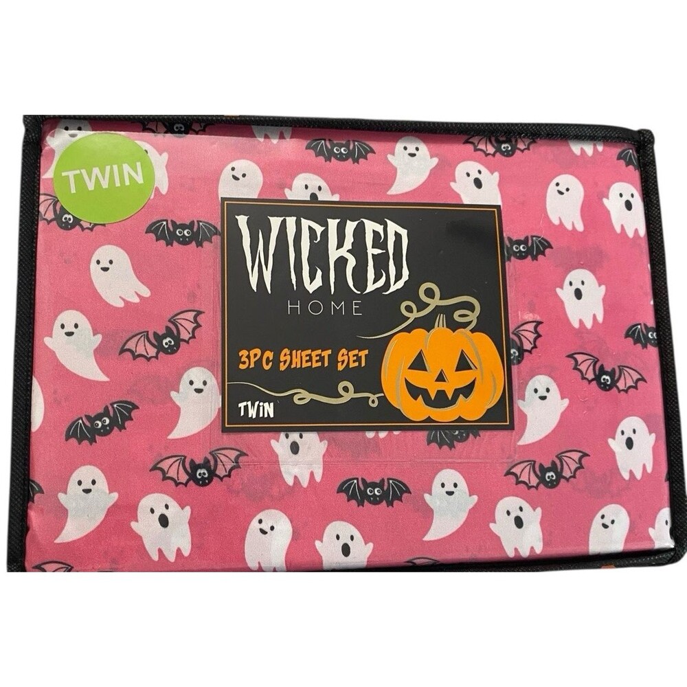 Wicked Home Twin Sheet Set Pink Ghosts Bats Halloween 3 Piece Bedding New